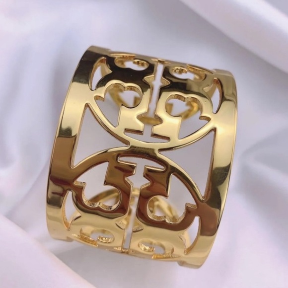 TORY BURCH Gold Reva Wide Logo Cuff Bracelet Includes Tory Burch Box - Picture 3 of 5